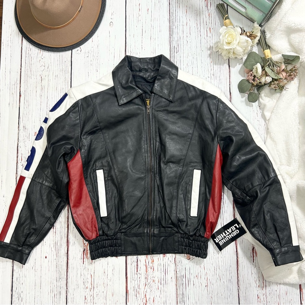 Genuine Leather vintage western bomber USA flag jacket NWT - Picture 10 of 12
